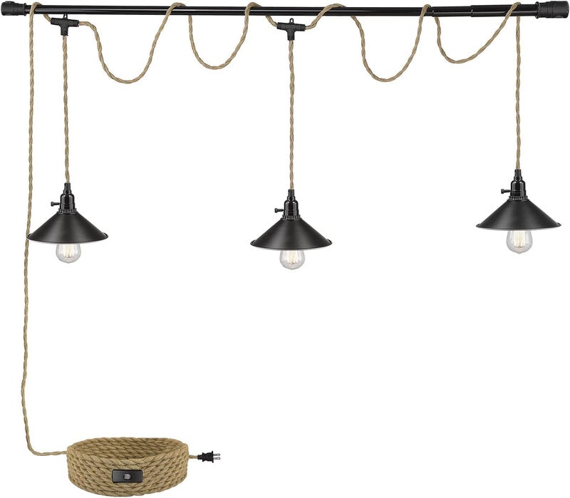 KENMI 3-Light Hanging Light with Plug in Cord,Plug in Pendant Light 22ft Hemp Rope Pendant Lighting Vintage 3-Light Hanging Lamp Fixtures for Kitchen Island Living Room Bedroom - Image 1